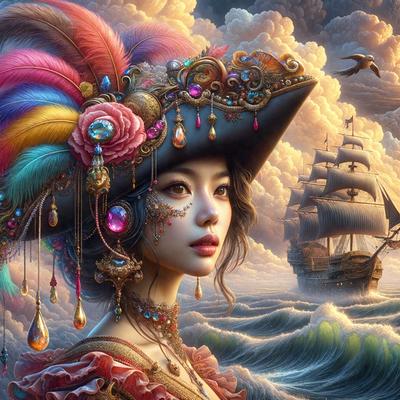 The primary subject of the image is a woman wearing a pirate hat and a colorful dress. She is standing in front of a large ship, which serves as the setting for the scene. The visual style of the image is digital art, with the woman and the ship being the main focus of the composition. The colors and mood of the image are vibrant and lively, with the woman's outfit and the ship's design contributing to the overall atmosphere.